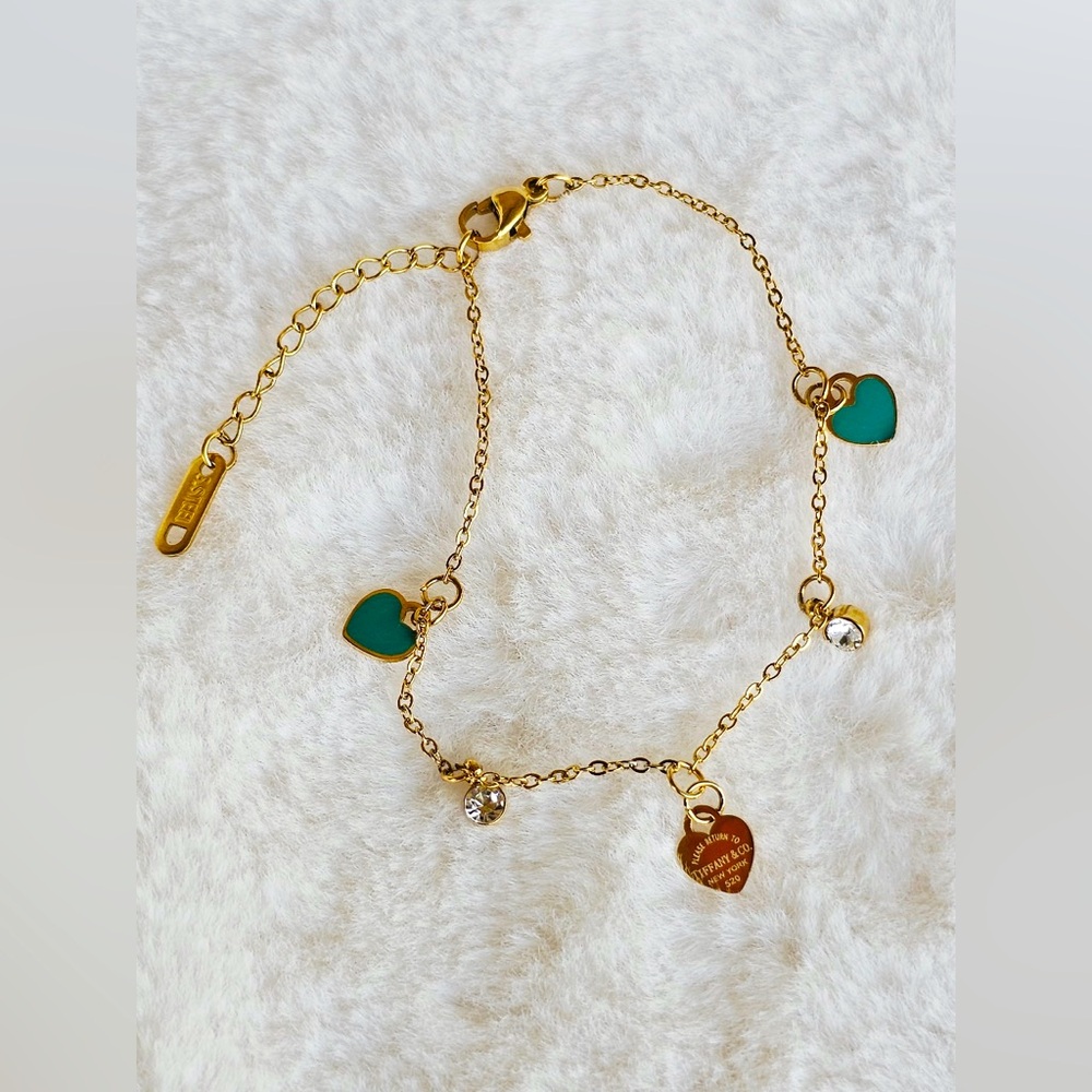 Gold and Teal Heart Charm Bracelet